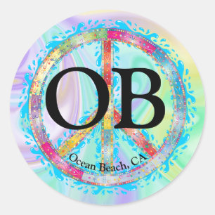 Adesivo Redondo Sinal de Paz Colorido OB Ocean Beach California