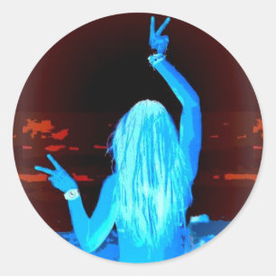 Adesivo Redondo sinal de paz da menina hippie azul