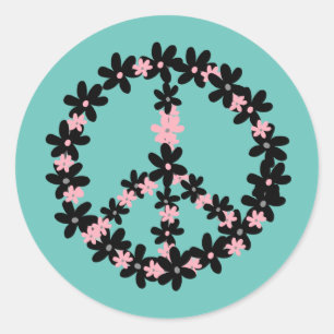 Adesivo Redondo Sinal de Paz Floral Preto Colorido Pastel Rosa