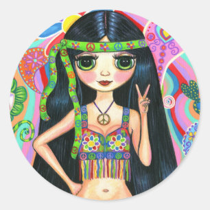 Adesivo Redondo Sinal de Paz Hippie Girl Sticker