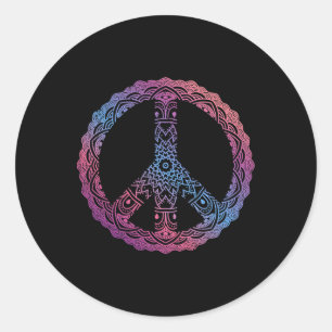 Adesivo Redondo Sinal de Paz Mandala Ornamentado Ioga Boho Roxo Re