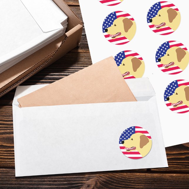 Adesivo Redondo Sinalizador US do Perfil Labrador Amarelo (Yellow Labrador Profile US Flag Stickers for Labrador Owners in the US.  Sweet expression of Lab.)