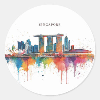 Adesivo Redondo Singapore city retro watercolor Skyline