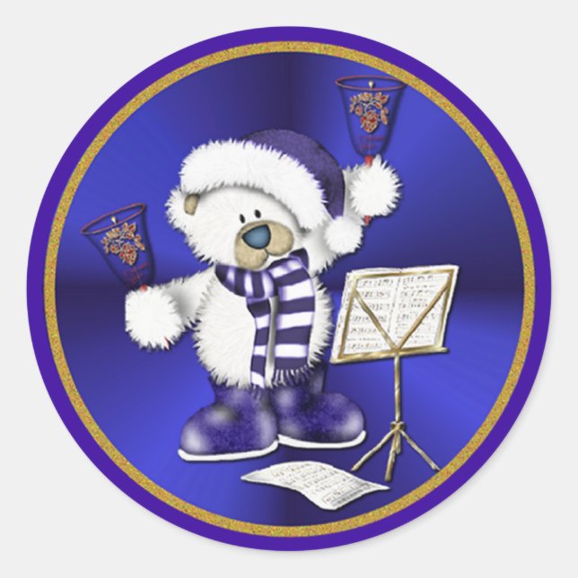 Adesivo Redondo Sinos de Natal Bear Azul e Dourado (Frente)