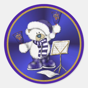 Adesivo Redondo Sinos de Natal Ursinhos Azuis e Dourados