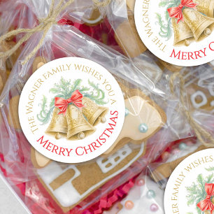 Adesivo Redondo Sinos de ouro cor d'água arco vermelho Feliz Natal