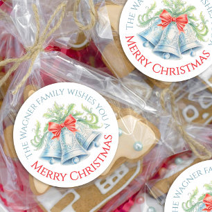 Adesivo Redondo Sinos de prata arco vermelho-d-água Feliz Natal