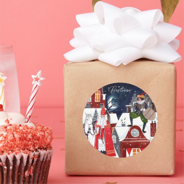 Adesivo Redondo Sinterklaas e Piet nos telhados de Amesterdã (Festa)