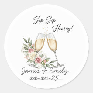 Adesivo Redondo Sip Sip Hooray! Celebração de Casamento Personaliz