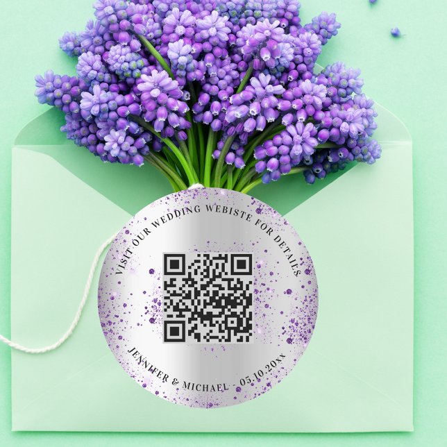 Adesivo Redondo Site de casamento: QR code detalha rsvp prata viol (Criador carregado)
