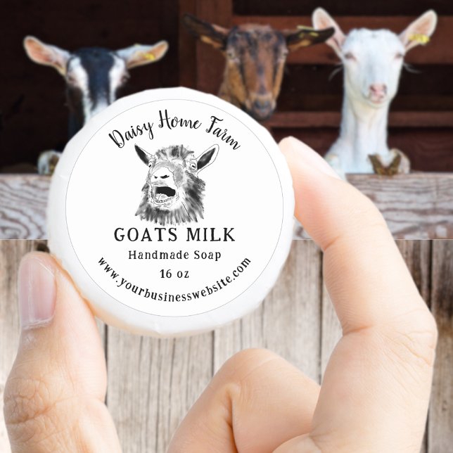 Adesivo Redondo Sítio Web da Goats Milk Soap (Goats milk soap black and white small business label with name website and screaming goat drawing)