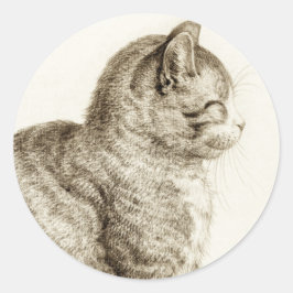 Adesivo Redondo Sitting cat vintage sepia pencil drawing