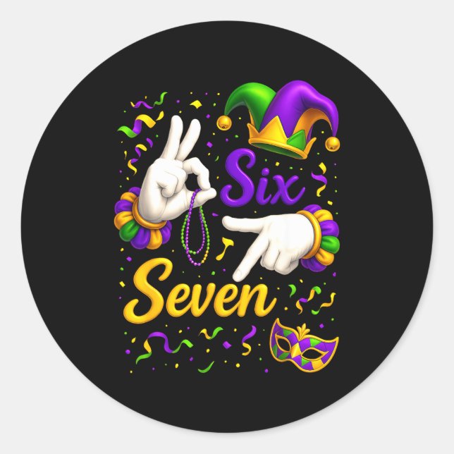 Adesivo Redondo Six Seven 6 7 Meme Mardi Gras Jester Hand Sign Fat (Frente)