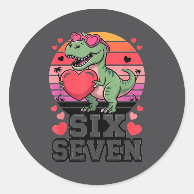 Adesivo Redondo Six Seven Valentine’s Day Dinosaur T-rex For Kids  (Frente)
