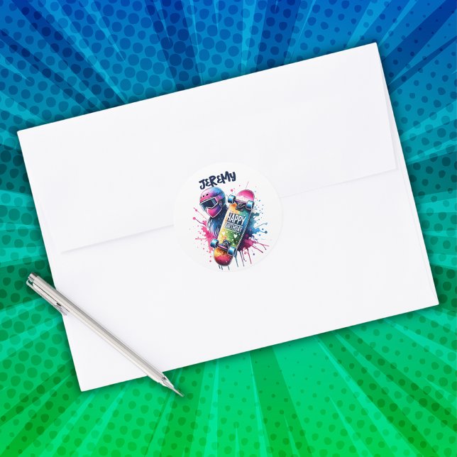 Adesivo Redondo Skate Skater Feliz Aniversário Monograma | (Criador carregado)