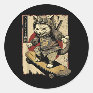 Adesivo Redondo Skateboard Samurai Cat Tattoo Kawaii Ninj