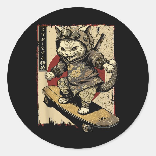 Adesivo Redondo Skateboard Samurai Cat Tattoo Kawaii Ninj (Frente)