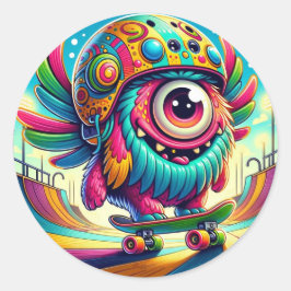 Adesivo Redondo Skateboarder Monstro Colorido
