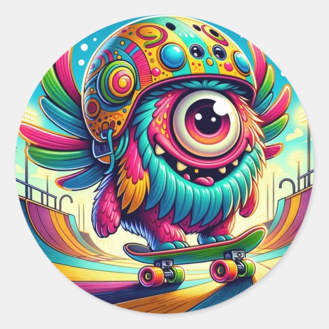 Adesivo Redondo Skateboarder Monstro Colorido (Frente)