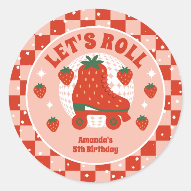 Adesivo Redondo Skates de morango | Aniversário do Roller Retro (Frente)