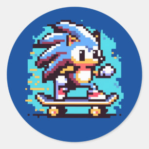 Adesivo Redondo Skating Hedgehog: Arte de pixel de 8 bits com pixe