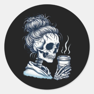 Adesivo Redondo Skeleton Bebendo Café Mensagem de Mulher Arma Dia