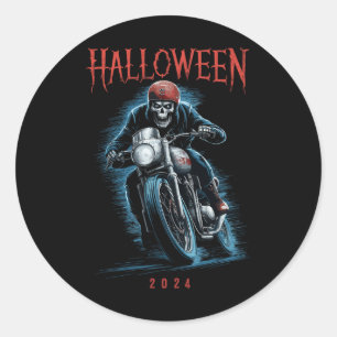 Adesivo Redondo Skeleton Biker Em Motocicleta No Halloween 2024