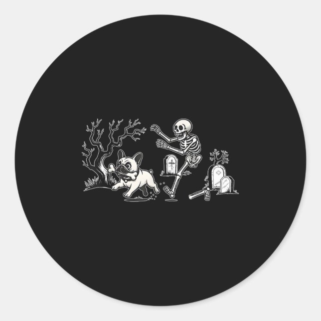 Adesivo Redondo Skeleton Chasing French Bulldog Halloween Dog Mom  (Frente)