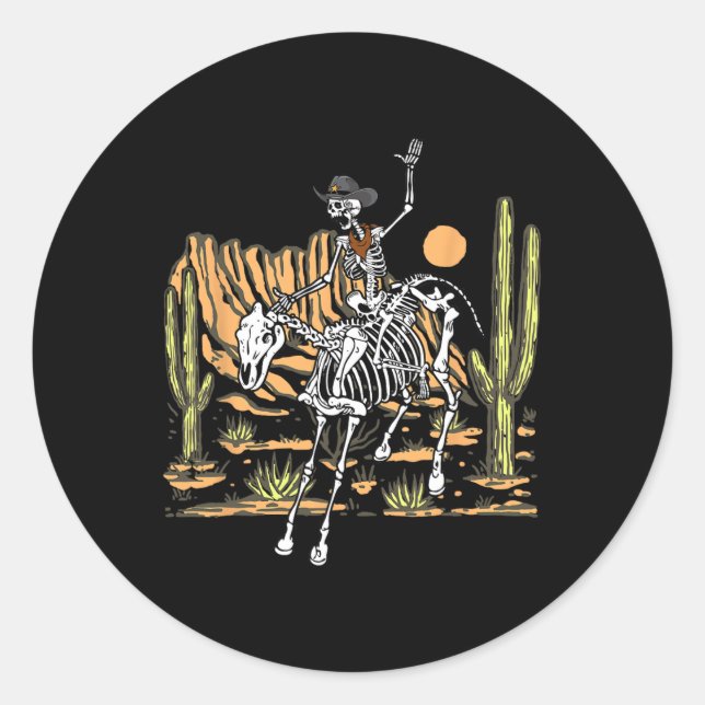 Adesivo Redondo Skeleton Cowboy Andando Cavalo Halloween Rider Cos (Frente)