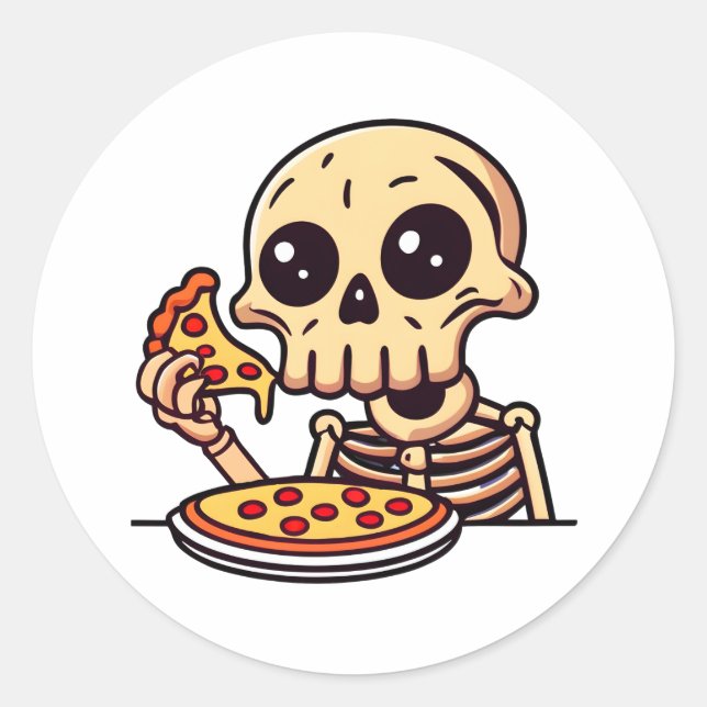 Adesivo Redondo Skeleton Eating Pizza Cartoon (Frente)