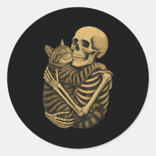 Adesivo Redondo Skeleton engraçado abraçando Cat Halloween Gato de