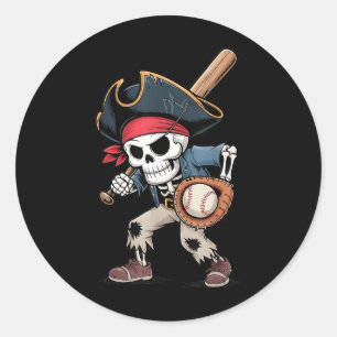 Adesivo Redondo Skeleton Engraçado Pirata Beisebol Figurino B