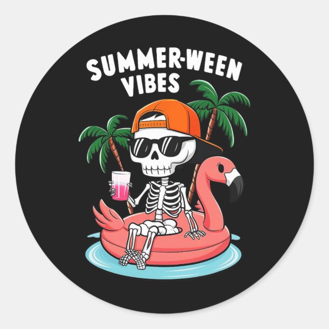 Adesivo Redondo Skeleton Flamingo Summerbetween Vibes Halloween Bo (Frente)
