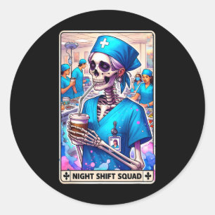 Adesivo Redondo Skeleton Funny Tarot Card Night Shift Squad Hallow