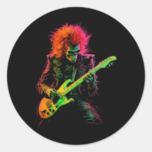 Adesivo Redondo Skeleton Graphe Tocando Guitarra Rock Banda Hall