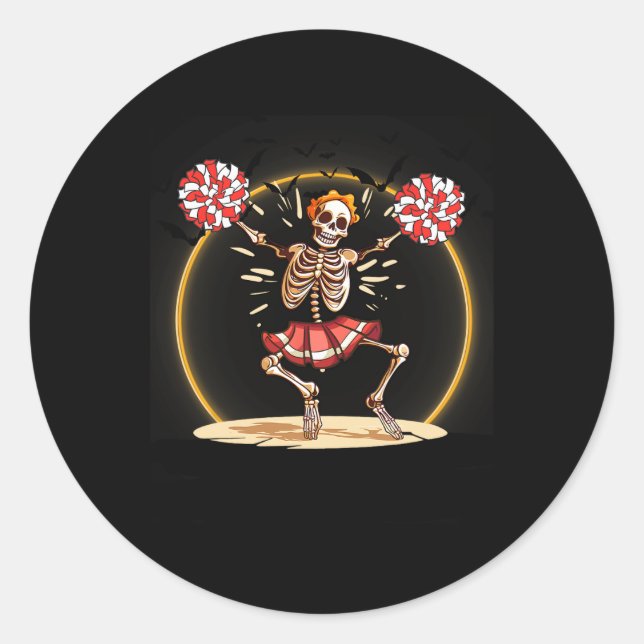 Adesivo Redondo Skeleton Halloween Cheer Skeleton Cheerleader (Frente)