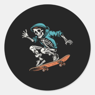 Adesivo Redondo Skeleton Halloween Skateboarder Men