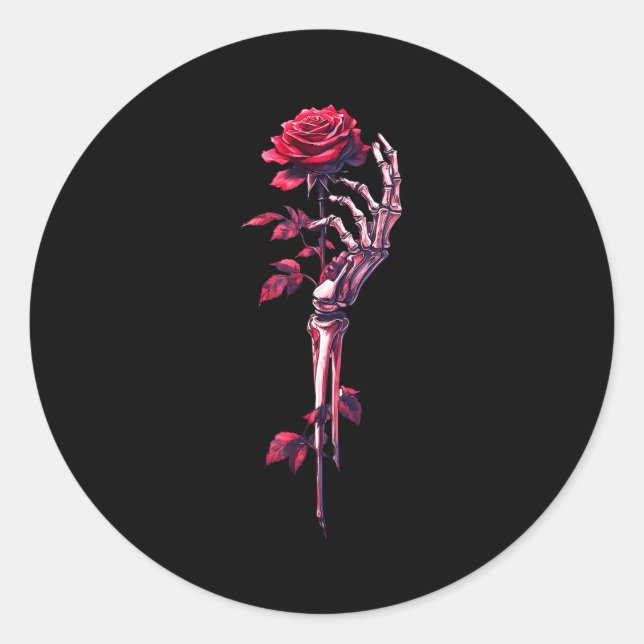 Adesivo Redondo Skeleton Hand Holding Rose Red Rose Flower  (Frente)