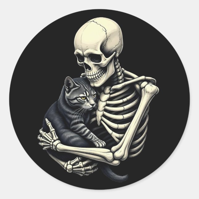 Adesivo Redondo Skeleton Hugging Cat Funny Halloween Cat Lover (Frente)
