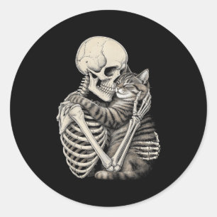 Adesivo Redondo Skeleton Hugging Gatos de Halloween