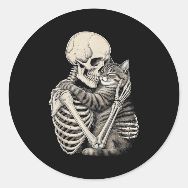 Adesivo Redondo Skeleton Hugging Gatos de Halloween (Frente)