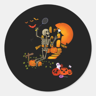 Adesivo Redondo Skeleton Jogando Badminton Esporte Assustador Hall