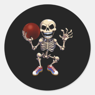 Adesivo Redondo Skeleton Jogando Boliche Dia de as Bruxas engraçad