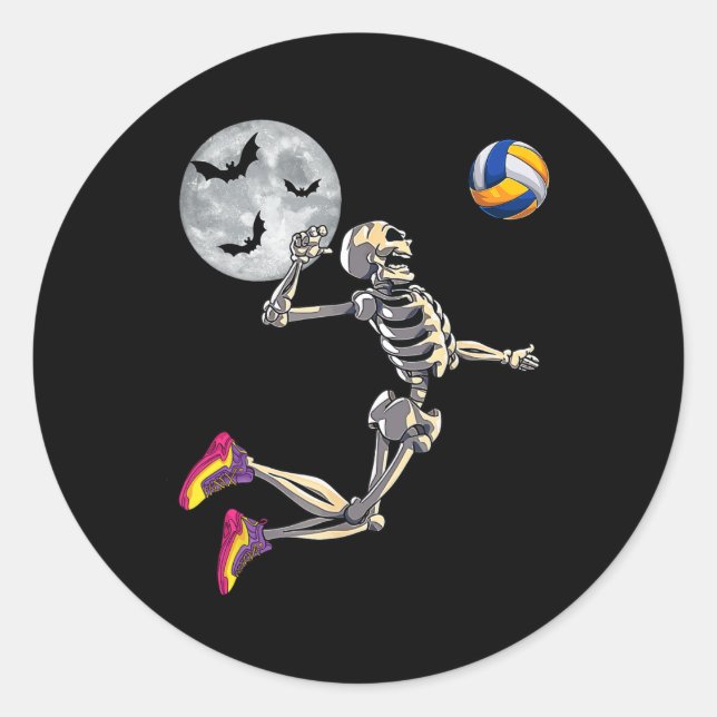 Adesivo Redondo Skeleton jogando voleibol Feliz Dia das Bruxas (Frente)