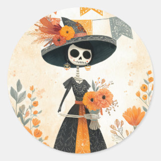 Adesivo Redondo Skeleton Lady La Catrina Dia dos Mortos