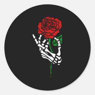 Adesivo Redondo Skeleton Mão Segurando Tatuagem de Rosa