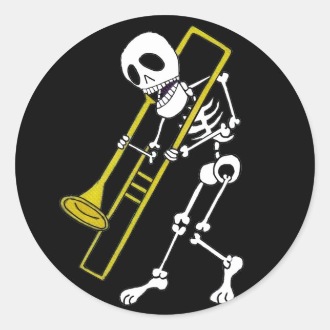 Adesivo Redondo Skeleton Musical Trombone Player (Frente)