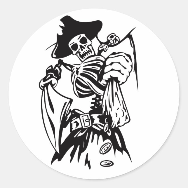 Adesivo Redondo Skeleton Pirate Fighter Tatuagem de Espada Trabalh (Frente)