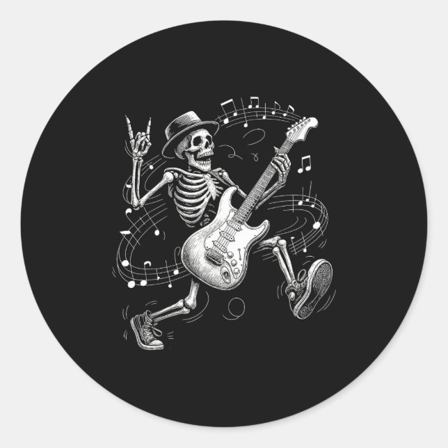 Adesivo Redondo Skeleton Playing Guitar Music For Men Women Rock B (Frente)