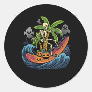 Adesivo Redondo Skeleton Pumpkin surfando Halloween Havaí Havaí